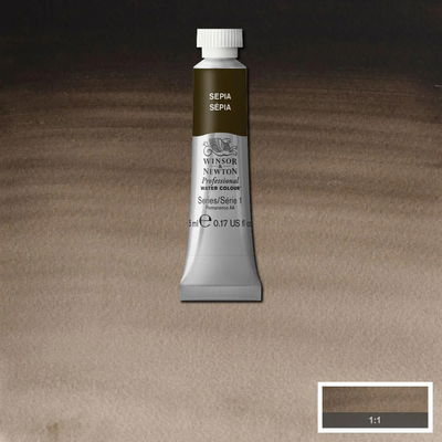 Färgprov och förpackning, Sepia 5 ml tub Winsor & Newton Professional Water Colour Sepia i 5 ml tub som visas mot målad bakgrund i samma färg.