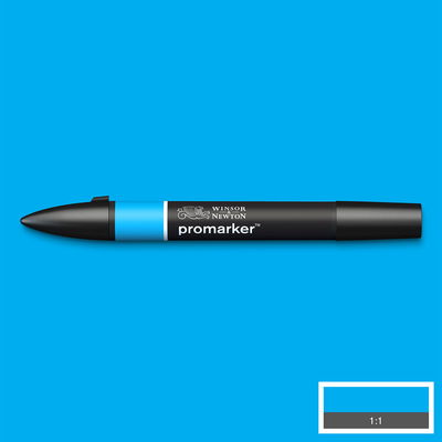 Winsor & Newton Promarker Cyan C847 marker med färgprov och bakgrund i samma ton