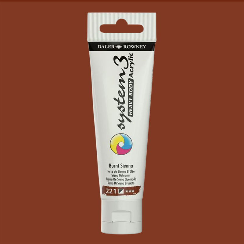 Akrylfärg i tub System3 Heavy Body Burnt Sienna 221 med färgprov