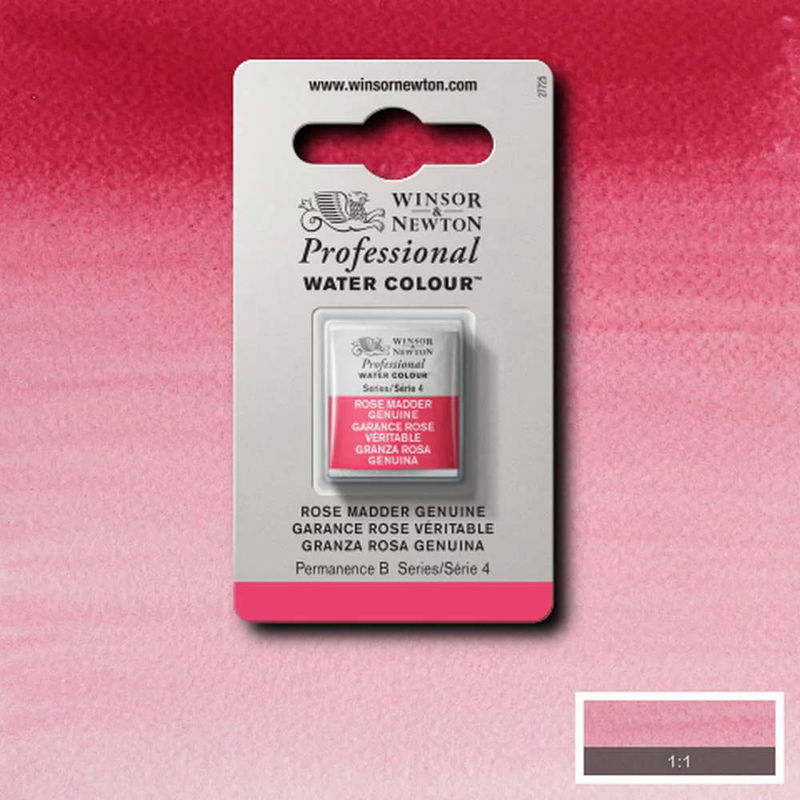 Winsor & Newton Professional Water Colour Rose Madder Genuine i halvkopp som visas mot målad bakgrund i samma färg.