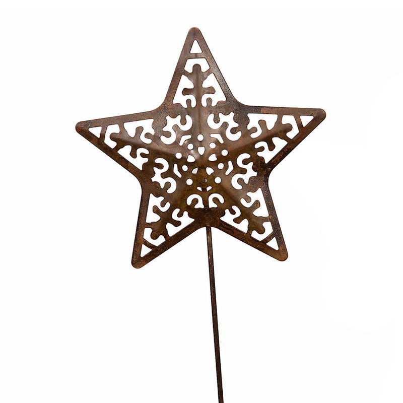 Metallstjärna på pinne i rostbrun färg för juldekoration och adventsdekoration.