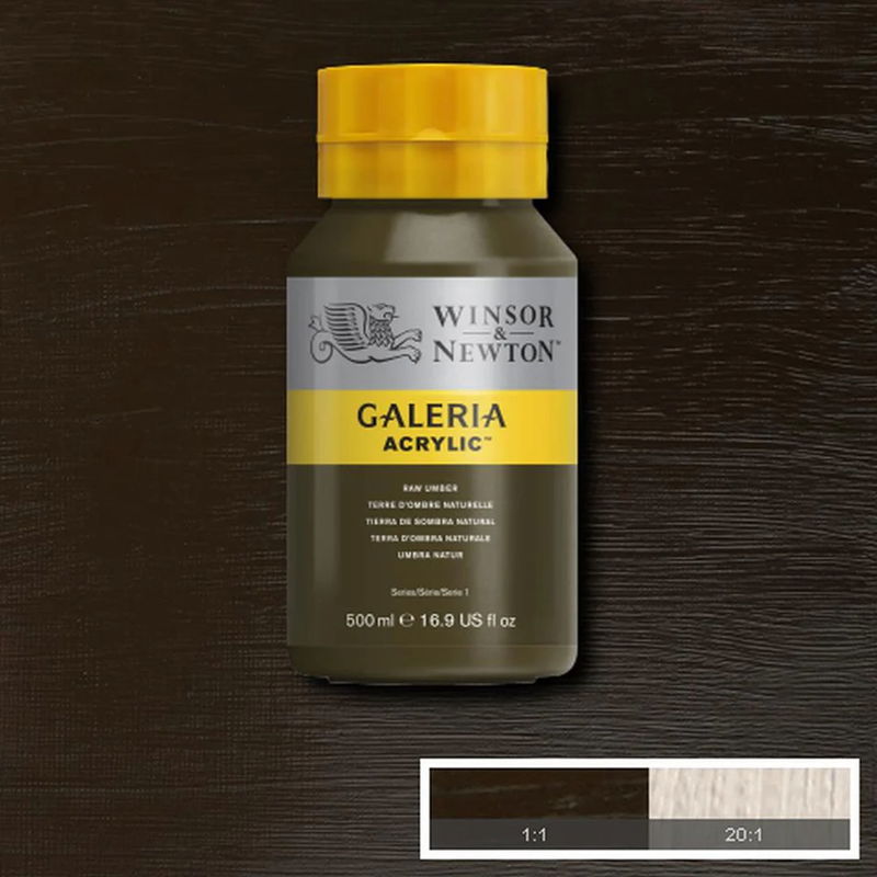 Flaska med 500 ml akrylfärg. Winsor & Newton Galeria Raw Umber