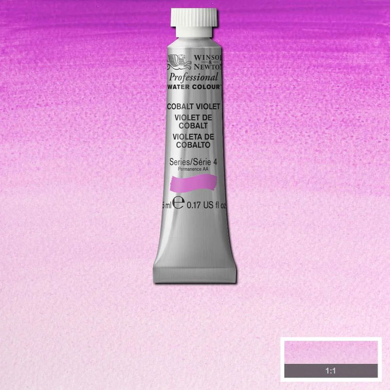 Winsor & Newton Professional Water Colour Cobalt Violet i 5 ml tub som visas mot målad bakgrund i samma färg.