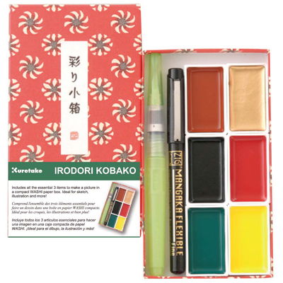 Kuretake Irodori Kobako Red akvarellset med Gansai Tambi-färger, vattenpensel och fineliner