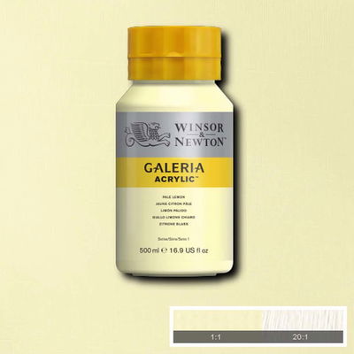 Winsor & Newton Galeria Akrylfärg, 500 ml flaska mot färgad bakgrund. Pale Lemon