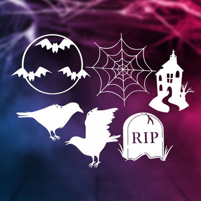 Halloween dekorationer i kartong, 6 st figurer med dubbelhål för upphängning. Till girlanger eller fristående.