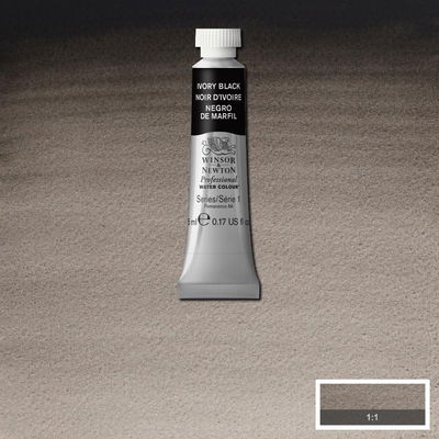 Färgprov och förpackning, Ivory Black 5 ml tub Winsor & Newton Professional Water Colour Ivory Black 5 ml tub som visas mot målad bakgrund i samma färg.