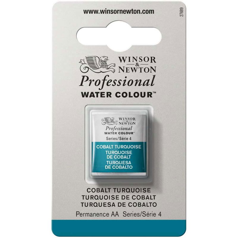 Förpackning med Winsor & Newton Professional akvarellfärg Cobalt Turquoise halvkopp