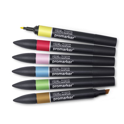 Winsor & Newton Promarker Mid Tones 6 färger utlagda med pennspetsar