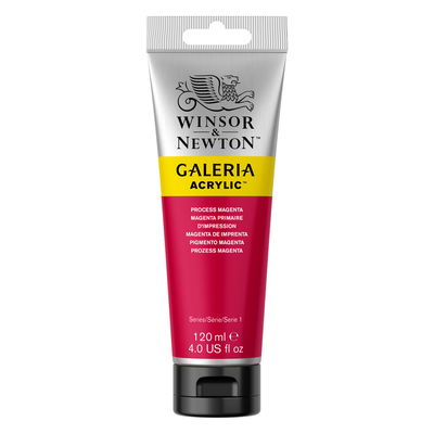 Winsor & Newton Galeria Akrylfärg, 120 ml tub mot färgad bakgrund. Process Magenta