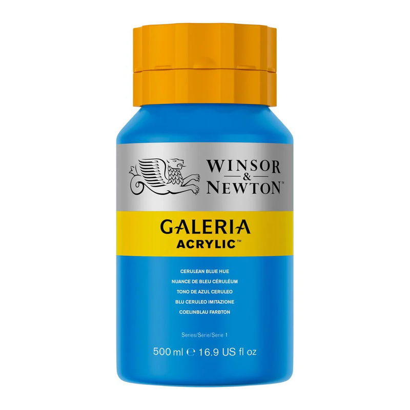 Winsor & Newton Galeria Akrylfärg, 500 ml flaska mot färgad bakgrund. Cerulean Blue Hue