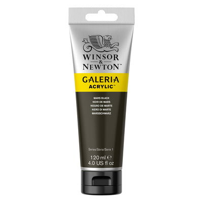 Winsor & Newton Galeria Akrylfärg, 120 ml tub mot färgad bakgrund. Mars Black