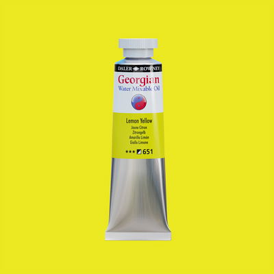 Georgian Lemon Yellow färg och tub Georgian Water Mixable Oil Paint Lemon Yellow 37 ml vattenlöslig oljefärg i tub på bakgrund i samma färg