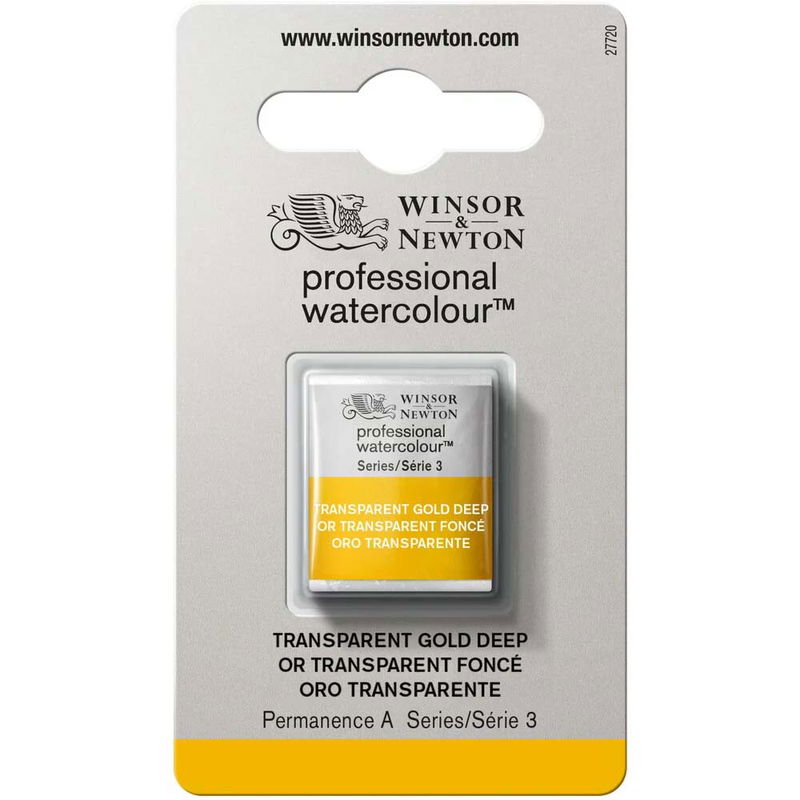 Förpackning med Winsor & Newton Professional akvarellfärg Transparent Gold Deep halvkopp
