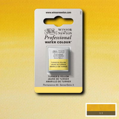 Winsor & Newton Professional Water Colour Turner's Yellow i halvkopp som visas mot målad bakgrund i samma färg.
