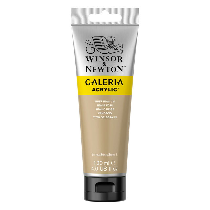 Winsor & Newton Galeria Akrylfärg, 120 ml tub mot färgad bakgrund. Buff Titanium