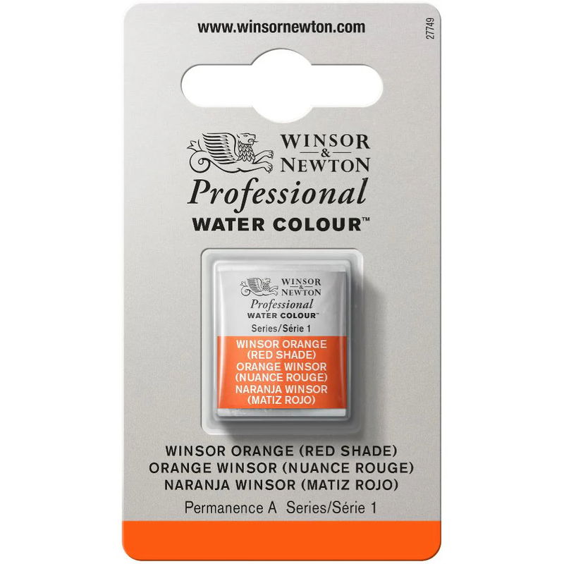 Förpackning med Winsor & Newton Professional akvarellfärg Winsor Orange (Red Shade) halvkopp