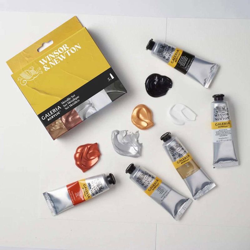 Galeria Metallic Set med tuber och färgprover i guld, koppar, silver, vitt och svart