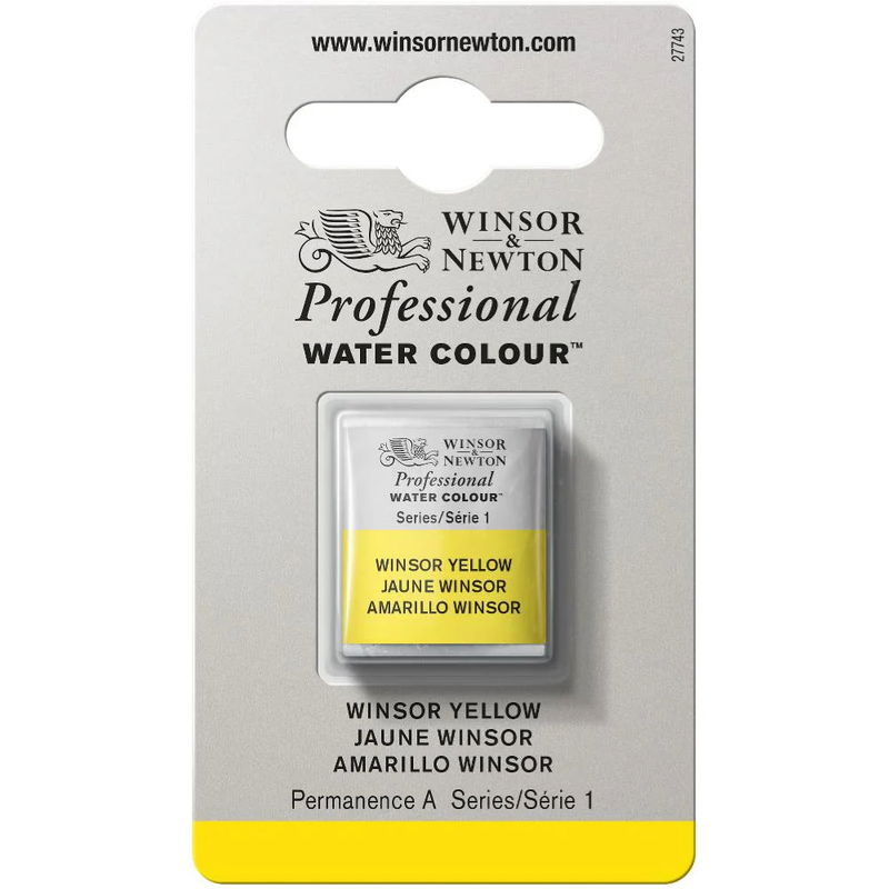 Förpackning med Winsor & Newton Professional akvarellfärg Winsor Yellow halvkopp