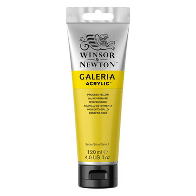 Winsor & Newton Galeria Akrylfärg, 120 ml tub mot färgad bakgrund. Process Yellow