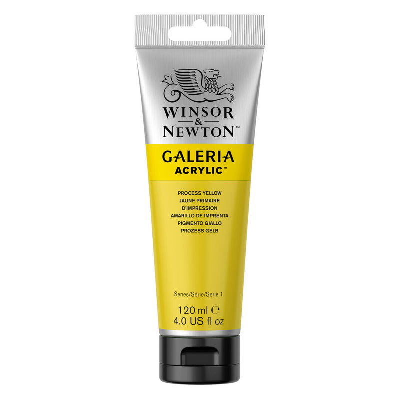 Winsor & Newton Galeria Akrylfärg, 120 ml tub mot färgad bakgrund. Process Yellow