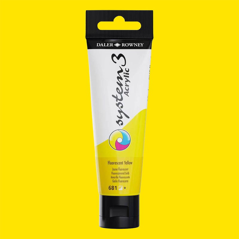 Akrylfärg i tub System3 Acrylic Fluorescent Yellow 681 med färgprov