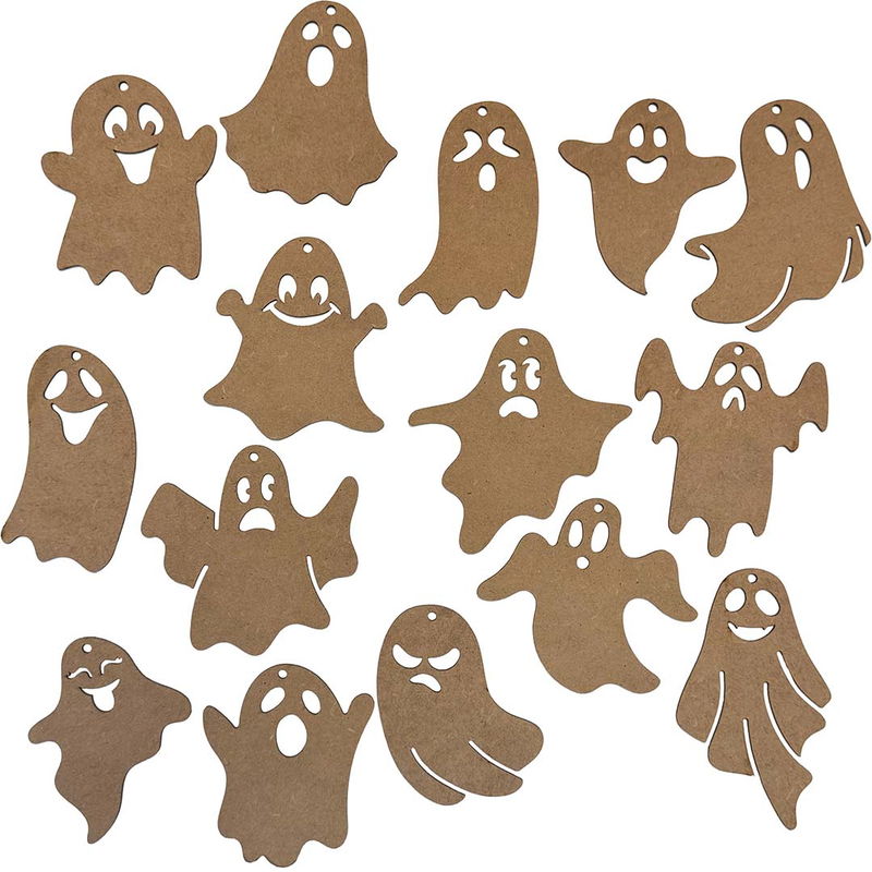 15 stycken spöken av mdf med olika ansiktsuttryck. Perfekt till halooween. Varje spöke har hål för upphängning