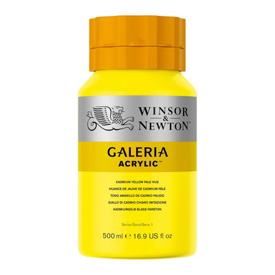 Flaska med 500 ml akrylfärg. Winsor & Newton Galeria Cadmium Yellow Pale Hue