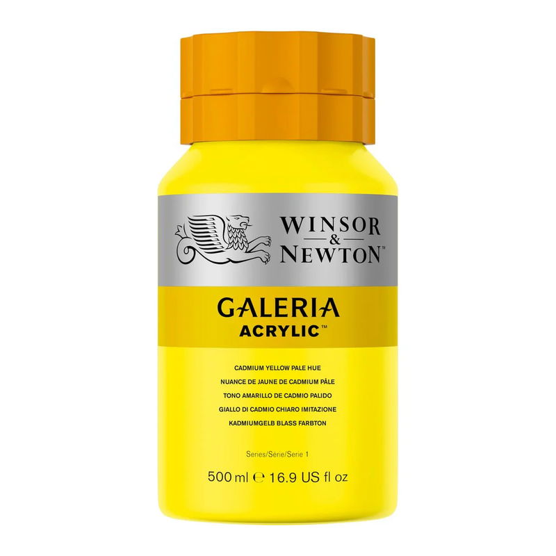 Flaska med 500 ml akrylfärg. Winsor & Newton Galeria Cadmium Yellow Pale Hue
