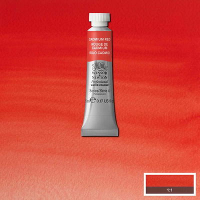 Winsor & Newton Professional Water Colour Cadmium Red i 5 ml tub som visas mot målad bakgrund i samma färg.