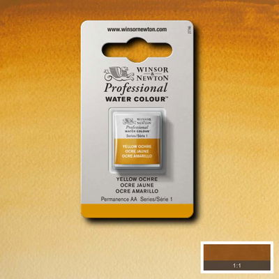 Winsor & Newton Professional Water Colour Yellow Ochre i halvkopp som visas mot målad bakgrund i samma färg.