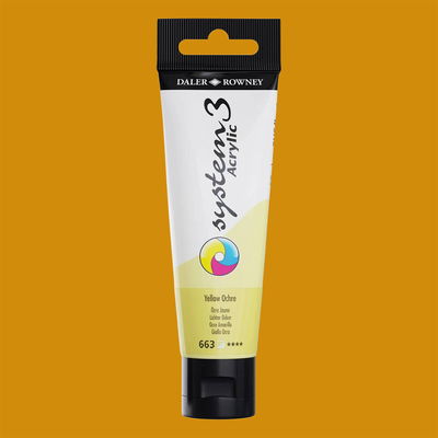 Akrylfärg i tub System3 Acrylic Yellow Ochre 663 med färgprov
