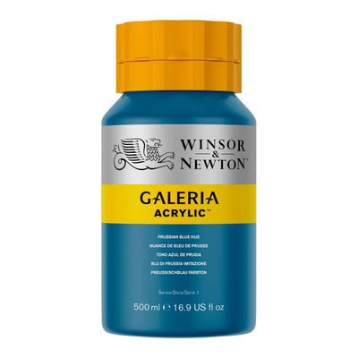Winsor & Newton Galeria Akrylfärg, 500 ml flaska mot färgad bakgrund. Prussian Blue Hue