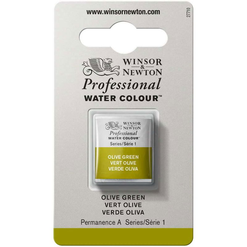 Förpackning med Winsor & Newton Professional akvarellfärg Olive Green halvkopp