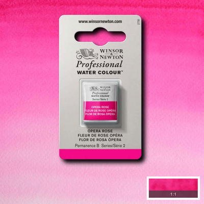 Färgprov och förpackning, Opera Rose halvkopp Winsor & Newton Professional Water Colour Opera Rose i halvkopp som visas mot målad bakgrund i samma färg.