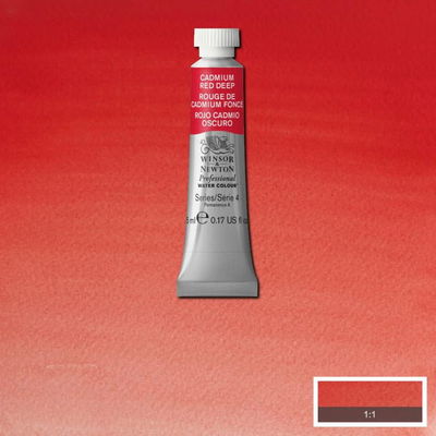 Färgprov och förpackning, Cadmium Red Deep 5 ml tub Winsor & Newton Professional Water Colour Cadmium Red Deep i 5 ml tub som visas mot målad bakgrund i samma färg.