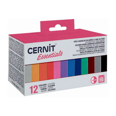 Förpackning Cernit Essentials polymerlera med 12 färger i 25 g-block