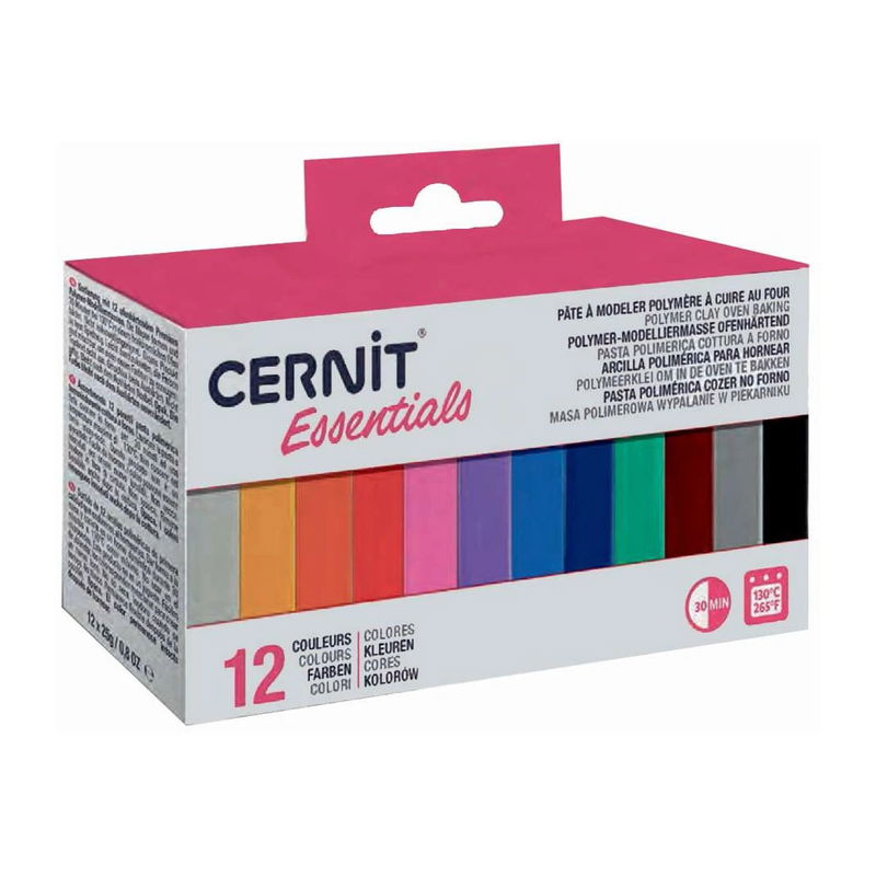 Förpackning Cernit Essentials polymerlera med 12 färger i 25 g-block