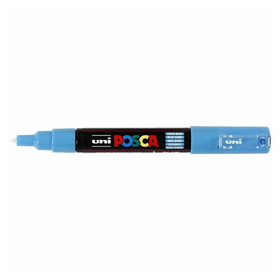 Posca PC-1MC Light Blue med spets synlig, öppen marker sedd från sidan
