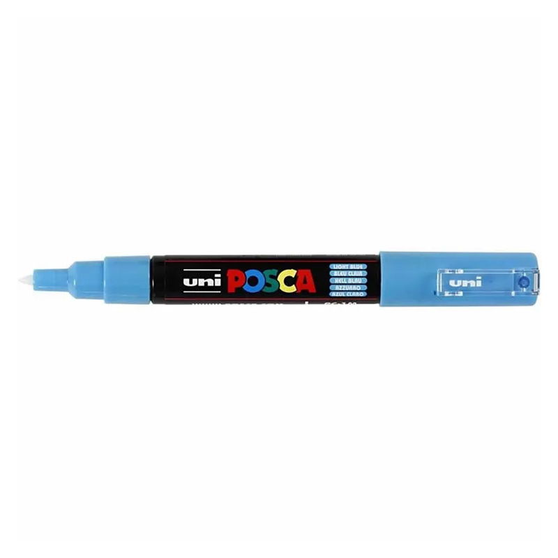 Posca PC-1MC Light Blue med spets synlig, öppen marker sedd från sidan