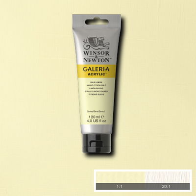 Winsor & Newton Galeria Akrylfärg, 120 ml tub mot färgad bakgrund. Pale Lemon