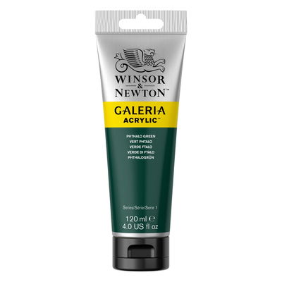 Winsor & Newton Galeria Akrylfärg, 120 ml tub mot färgad bakgrund. Phthalo Green
