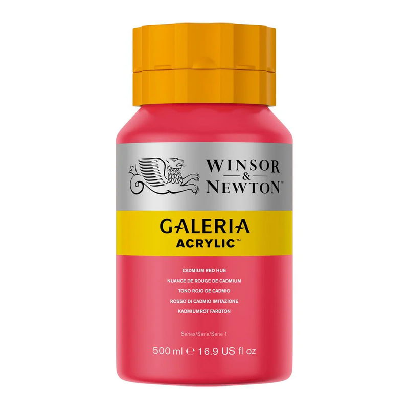 Flaska med 500 ml akrylfärg. Winsor & Newton Galeria Cadmium Red Hue