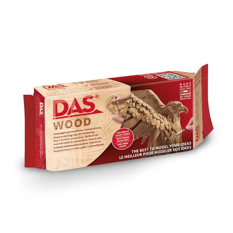 Förpackning med DAS Wood, lufttorkande lera som ser ut som trä