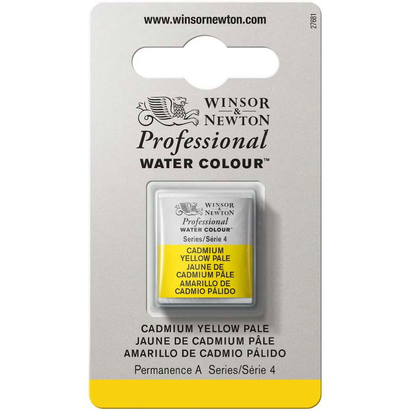 Förpackning med Winsor & Newton Professional akvarellfärg Cadmium Yellow Pale halvkopp