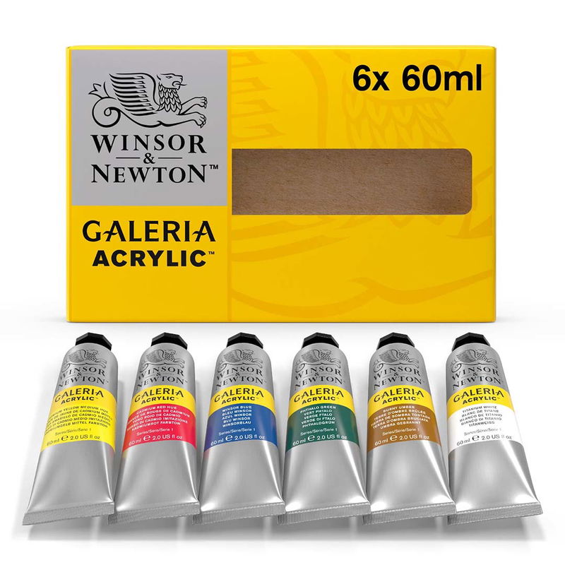 Winsor & Newton Galeria Acrylic Set 6x60 ml med tuberna framför förpackningen