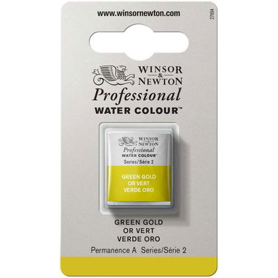 Förpackning med Winsor & Newton Professional akvarellfärg Green Gold halvkopp