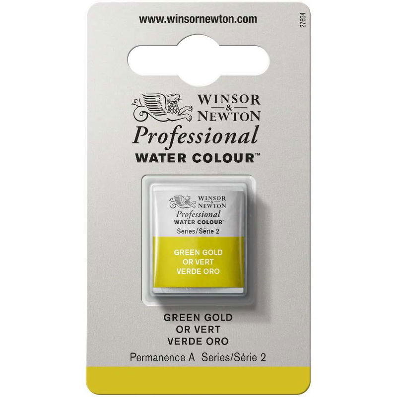 Förpackning med Winsor & Newton Professional akvarellfärg Green Gold halvkopp