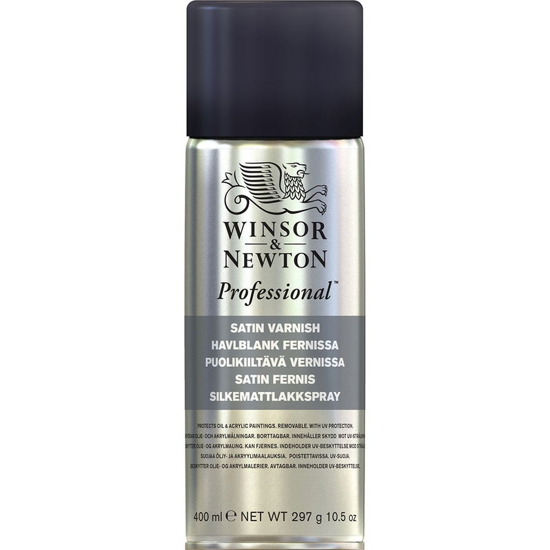 insor & Newton Professional Satin Varnish Spray 400 ml, halvblank fernissa för olja och akryl.