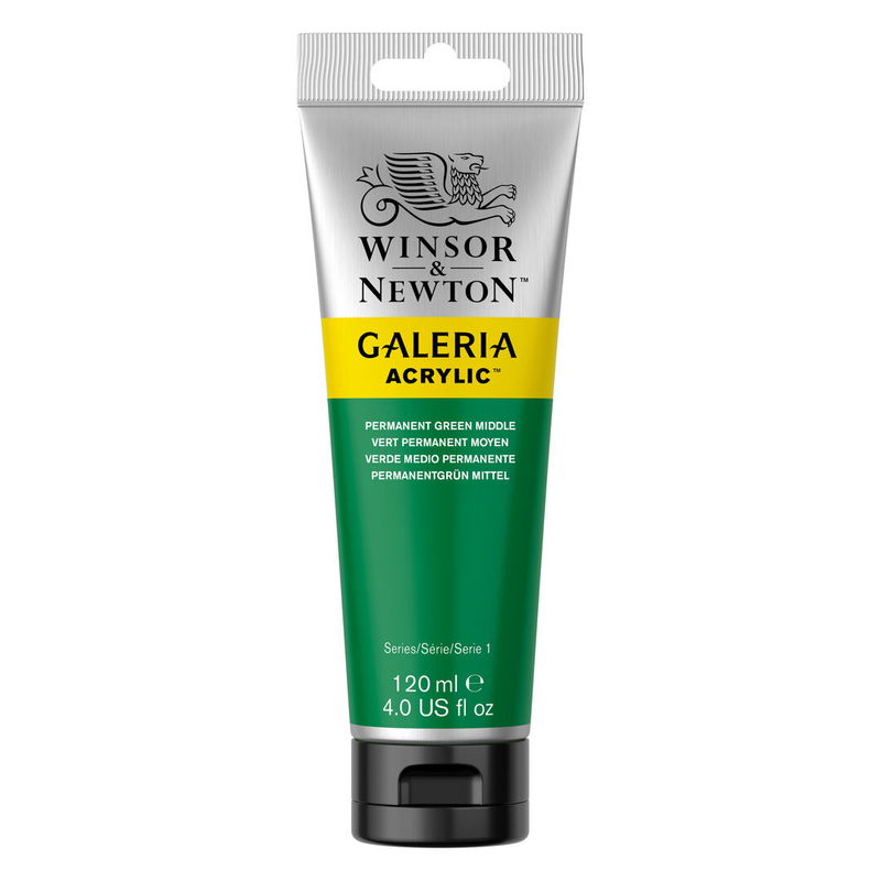 Winsor & Newton Galeria Akrylfärg, 120 ml tub mot färgad bakgrund. Permanent Green Middle